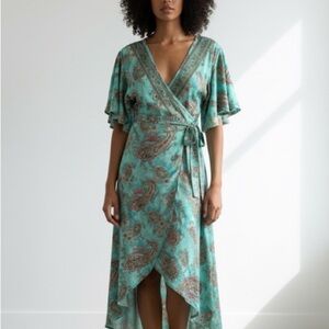 Lemonwood turquoise paisley print silk wrap midi dress - size Small / Medium